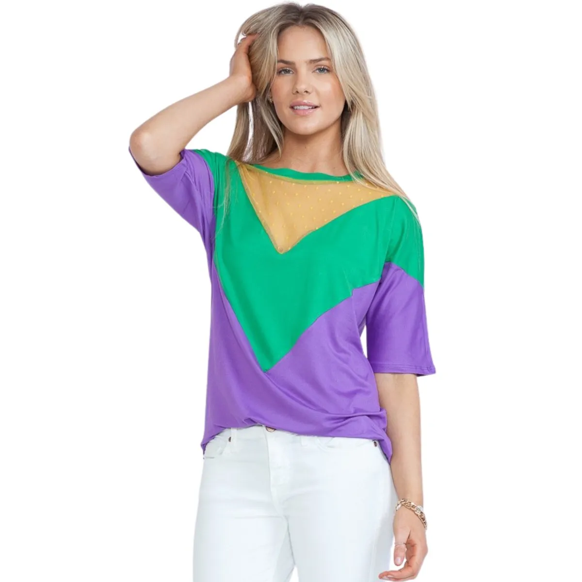 Mardi Gras Green & Purple Color Block Short Sleeve Tunic Top