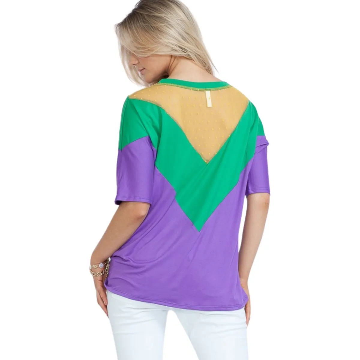 Mardi Gras Green & Purple Color Block Short Sleeve Tunic Top