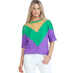 Mardi Gras Green & Purple Color Block Short Sleeve Tunic Top