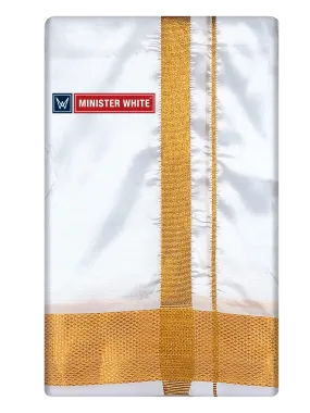 Mens Art Silk White Double Dhoti with 100K Gold Jari Border - Gaya 100K