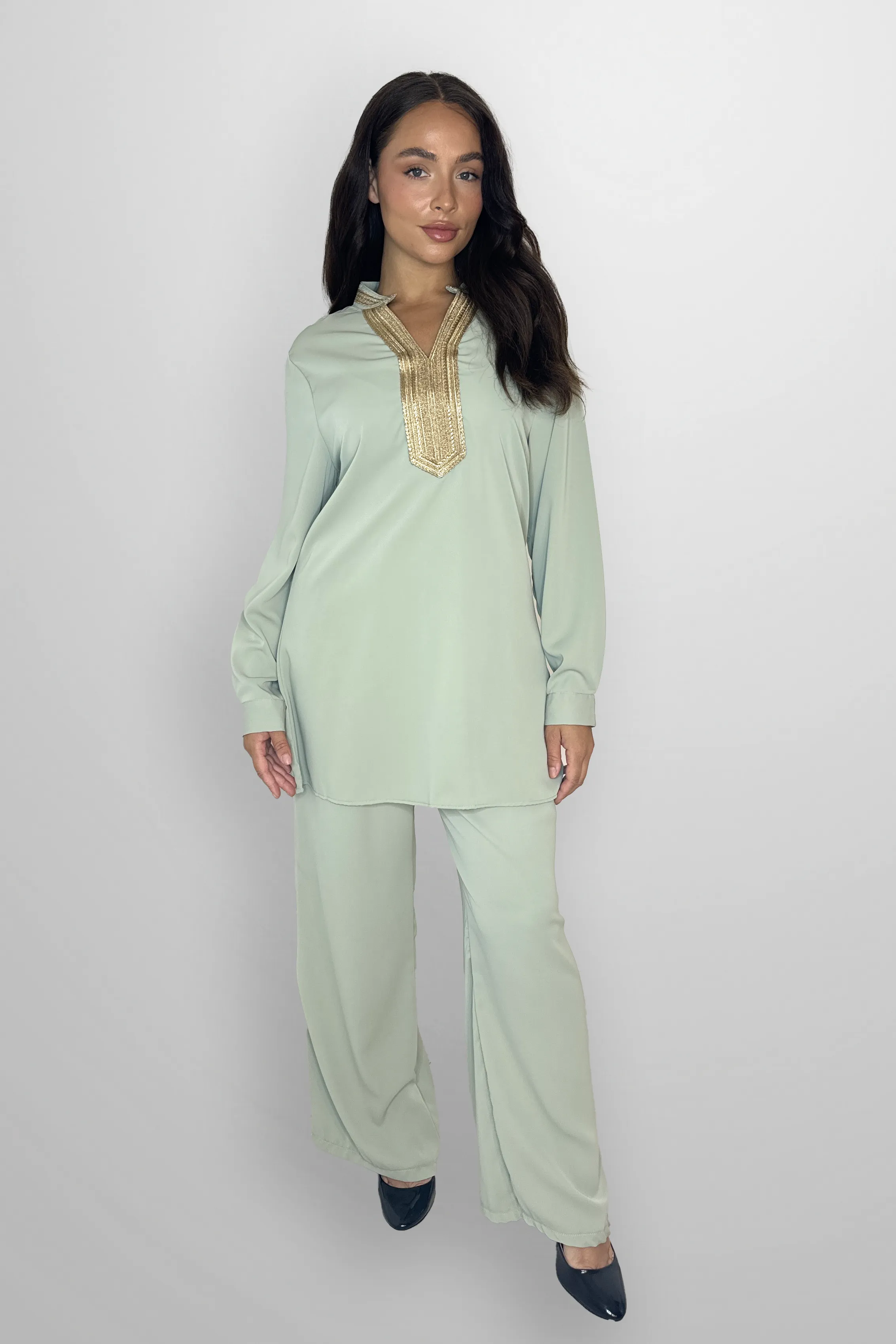 Mock Neck Embroidered V-Cut Neckline Classic Tunic And Wide Leg Traditional Coord Set