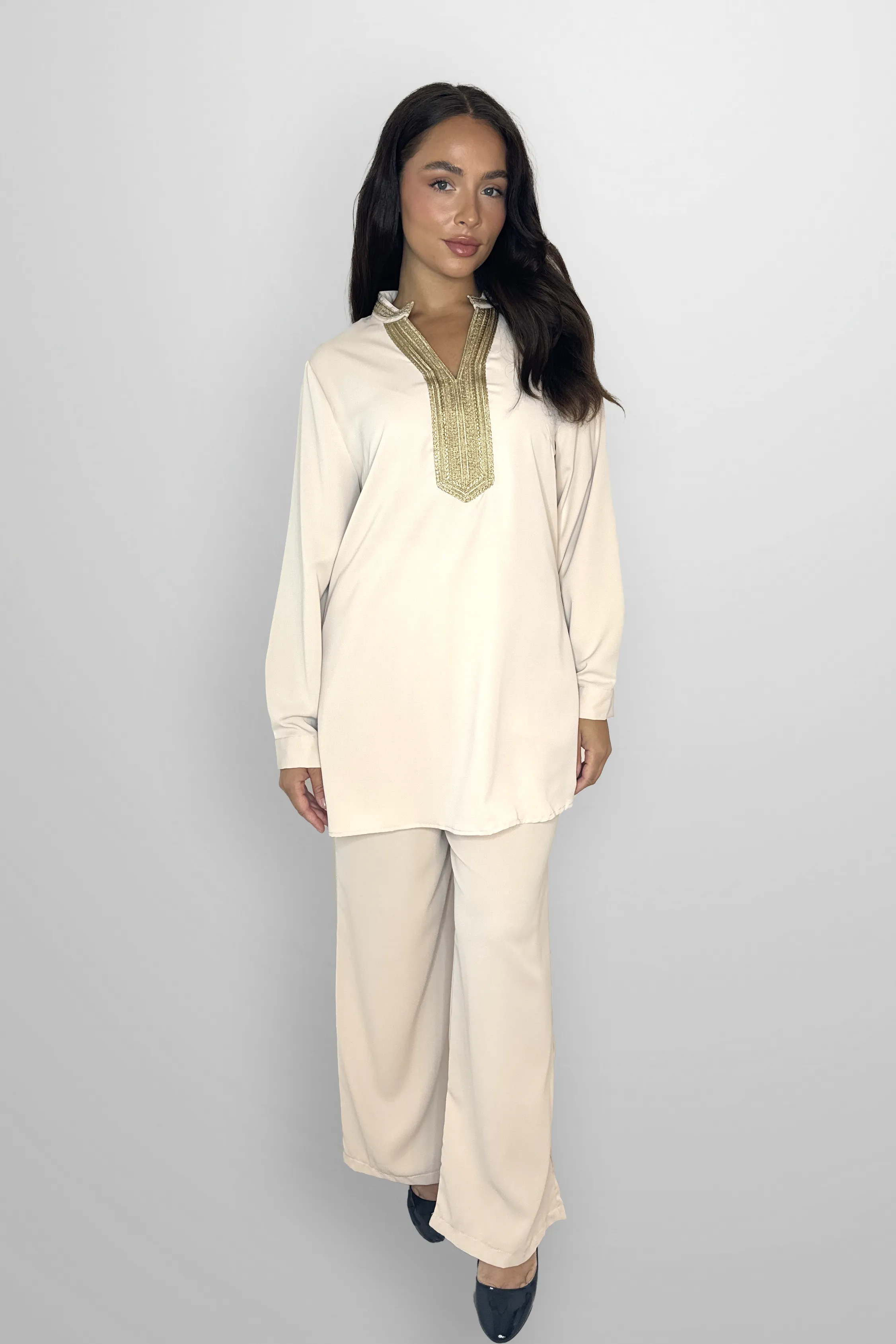 Mock Neck Embroidered V-Cut Neckline Classic Tunic And Wide Leg Traditional Coord Set