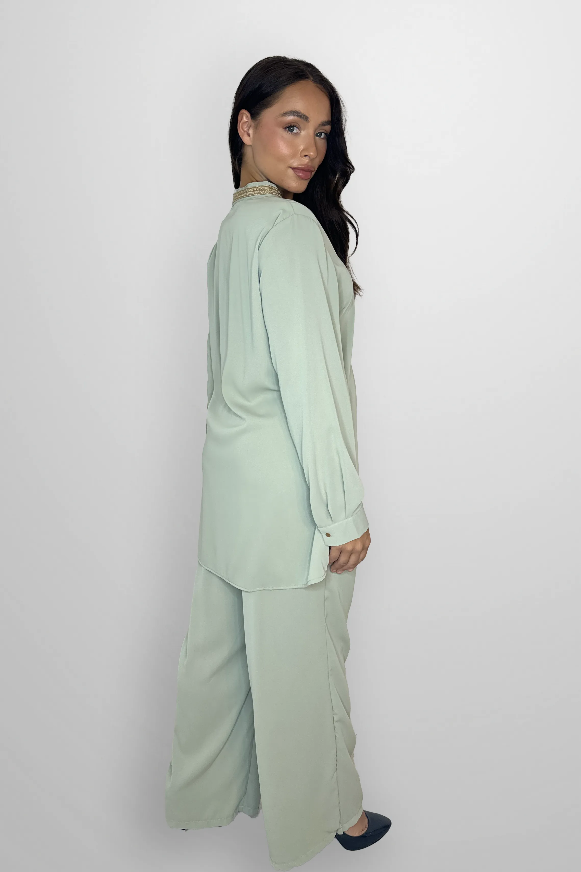 Mock Neck Embroidered V-Cut Neckline Classic Tunic And Wide Leg Traditional Coord Set