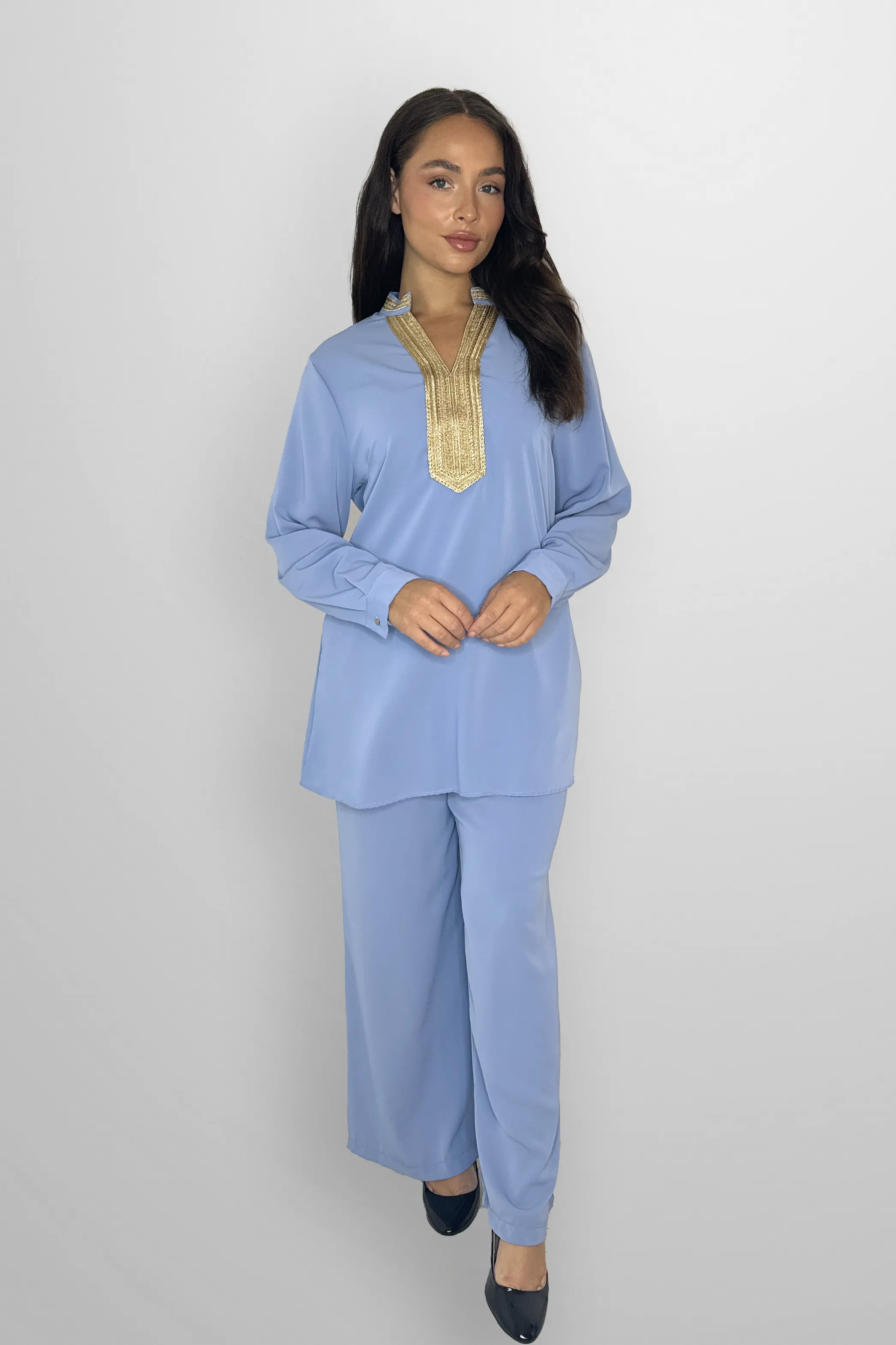 Mock Neck Embroidered V-Cut Neckline Classic Tunic And Wide Leg Traditional Coord Set