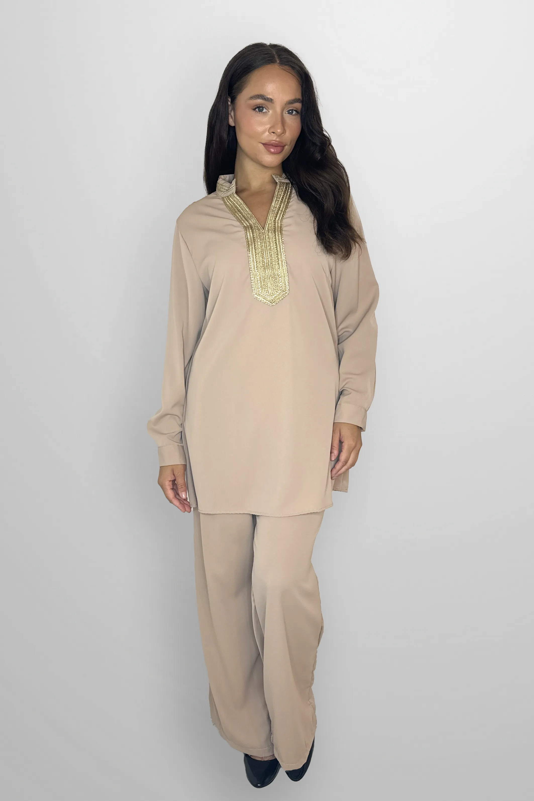 Mock Neck Embroidered V-Cut Neckline Classic Tunic And Wide Leg Traditional Coord Set