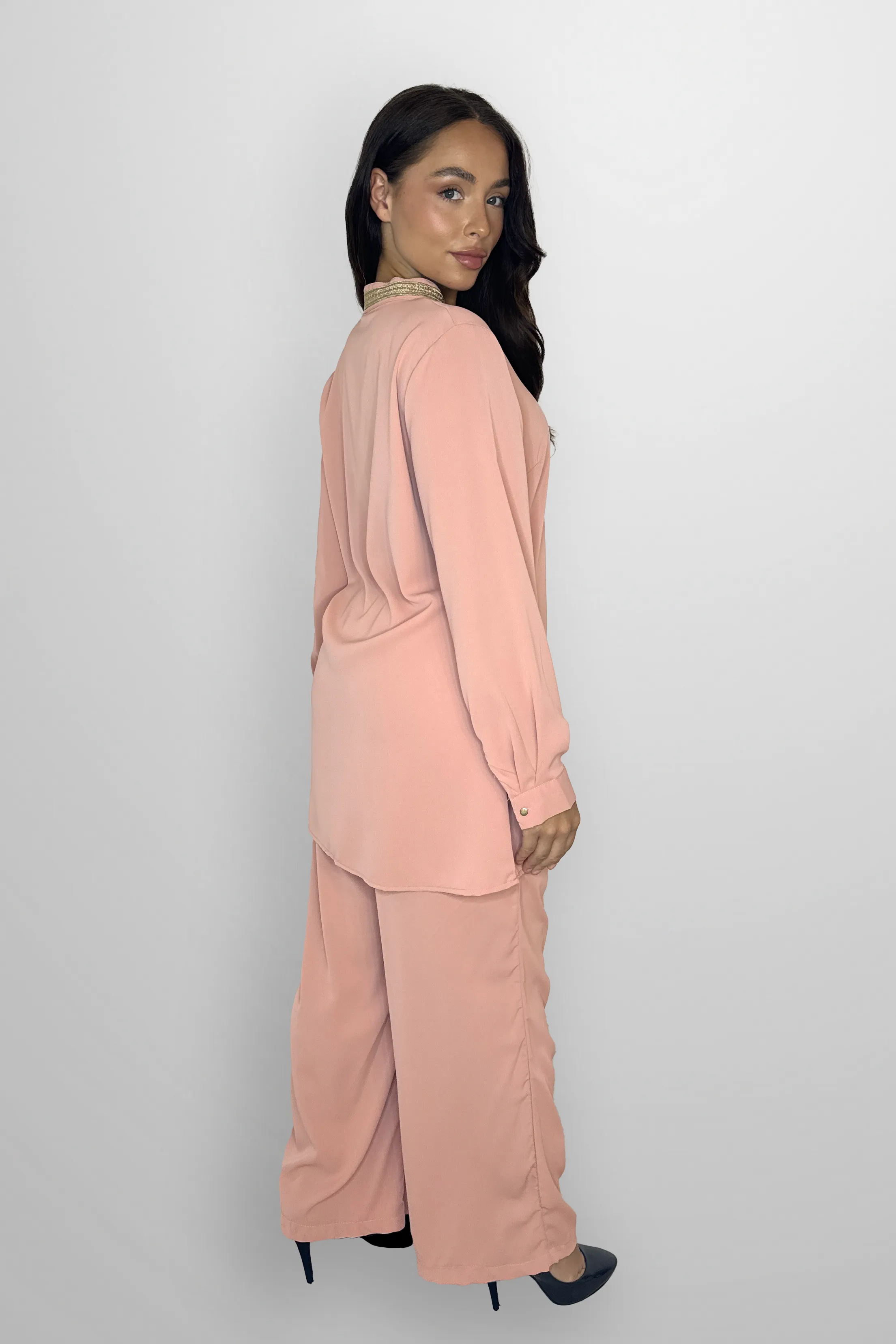 Mock Neck Embroidered V-Cut Neckline Classic Tunic And Wide Leg Traditional Coord Set