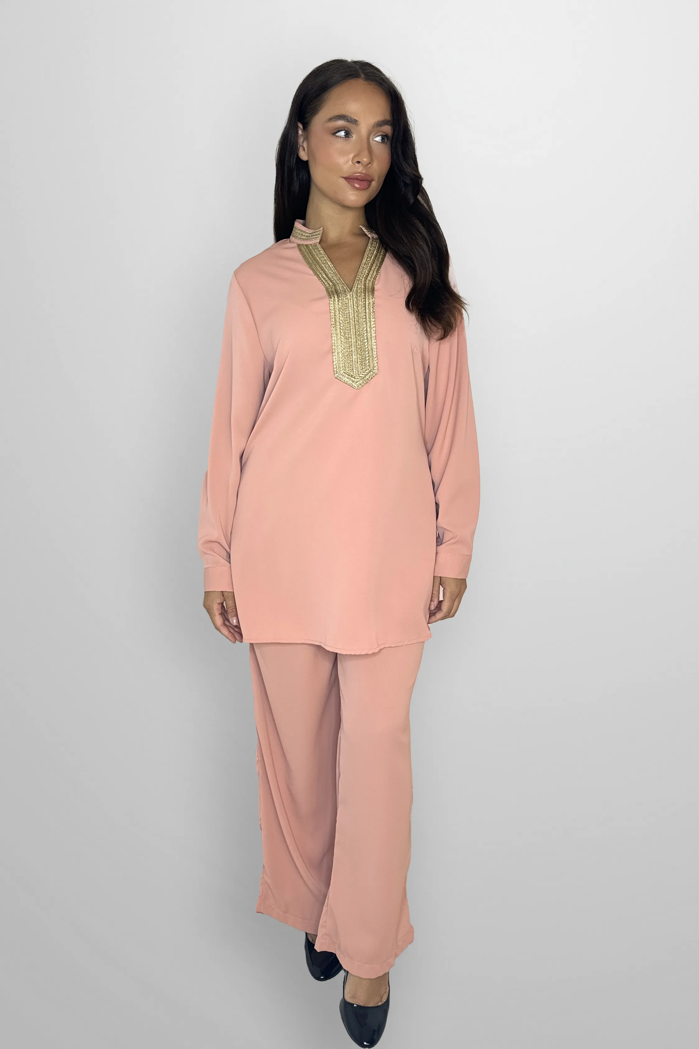 Mock Neck Embroidered V-Cut Neckline Classic Tunic And Wide Leg Traditional Coord Set