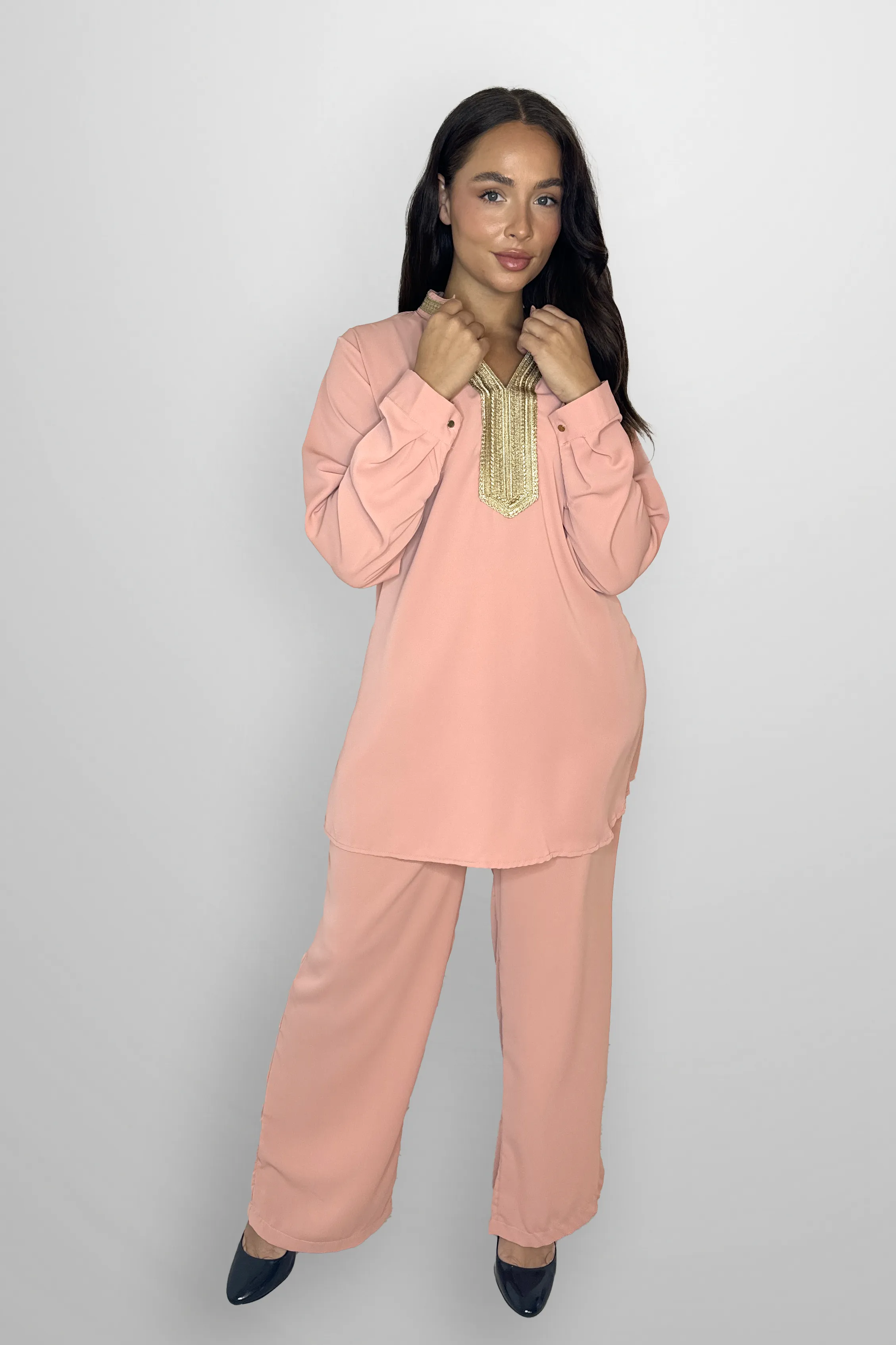 Mock Neck Embroidered V-Cut Neckline Classic Tunic And Wide Leg Traditional Coord Set
