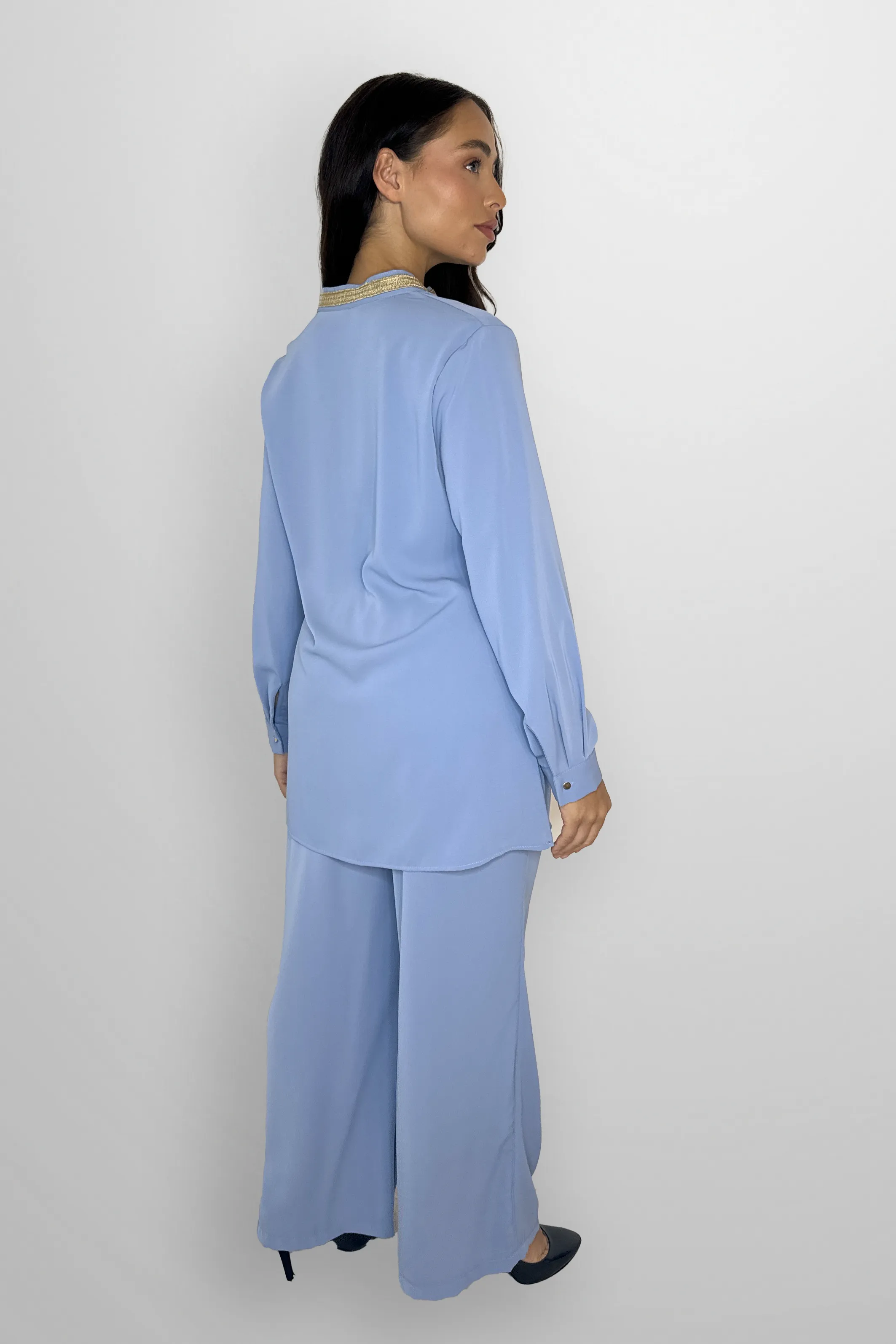 Mock Neck Embroidered V-Cut Neckline Classic Tunic And Wide Leg Traditional Coord Set