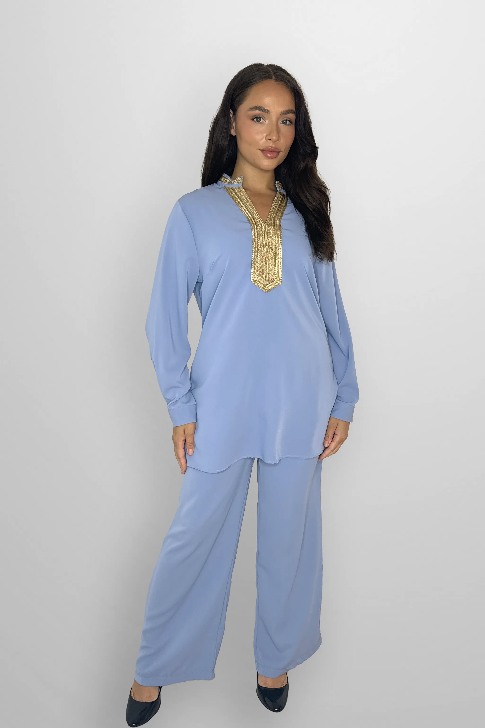 Mock Neck Embroidered V-Cut Neckline Classic Tunic And Wide Leg Traditional Coord Set