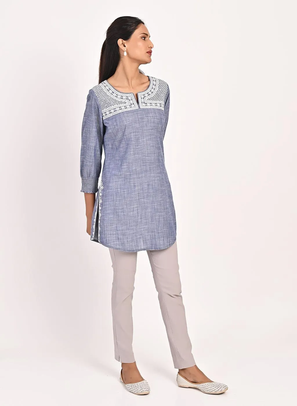 Navy Blue Round Neck Embroidered Tunic