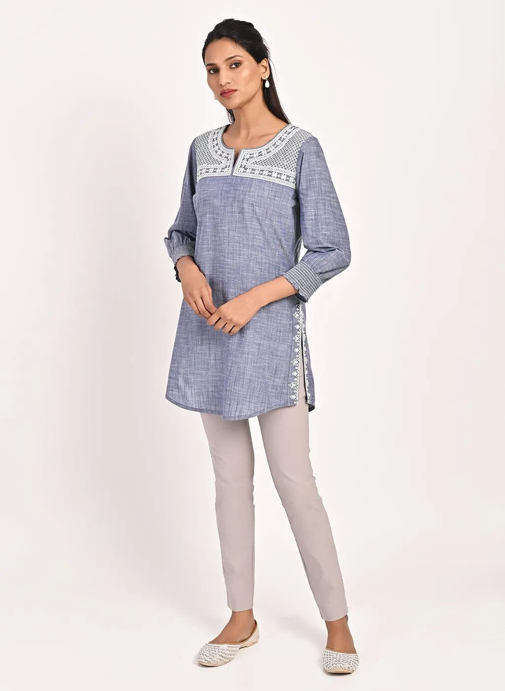 Navy Blue Round Neck Embroidered Tunic