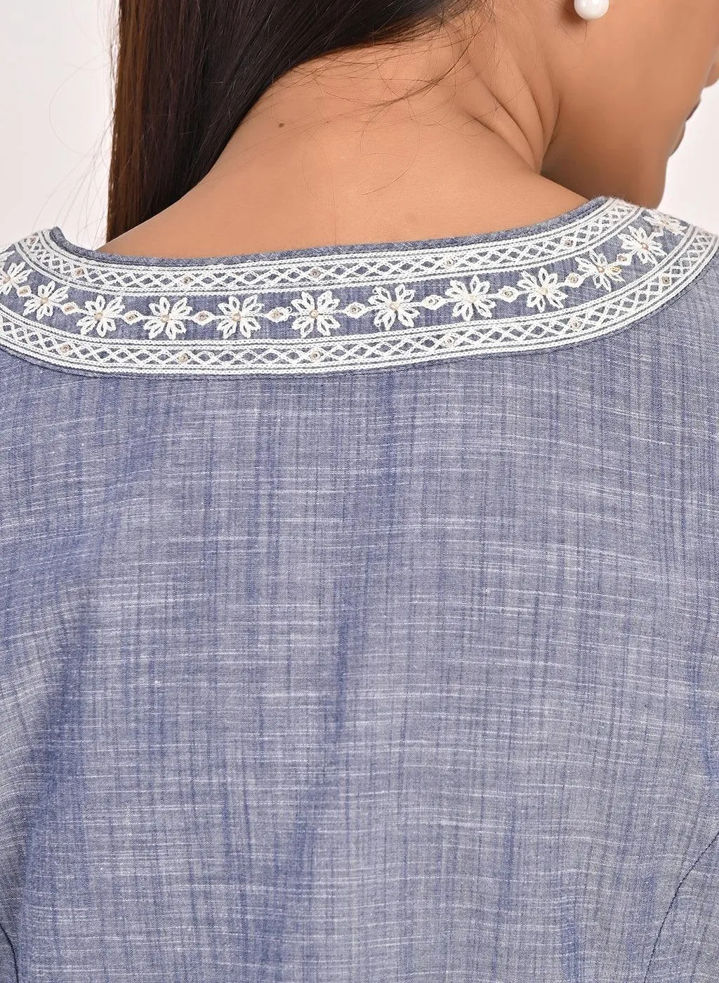 Navy Blue Round Neck Embroidered Tunic