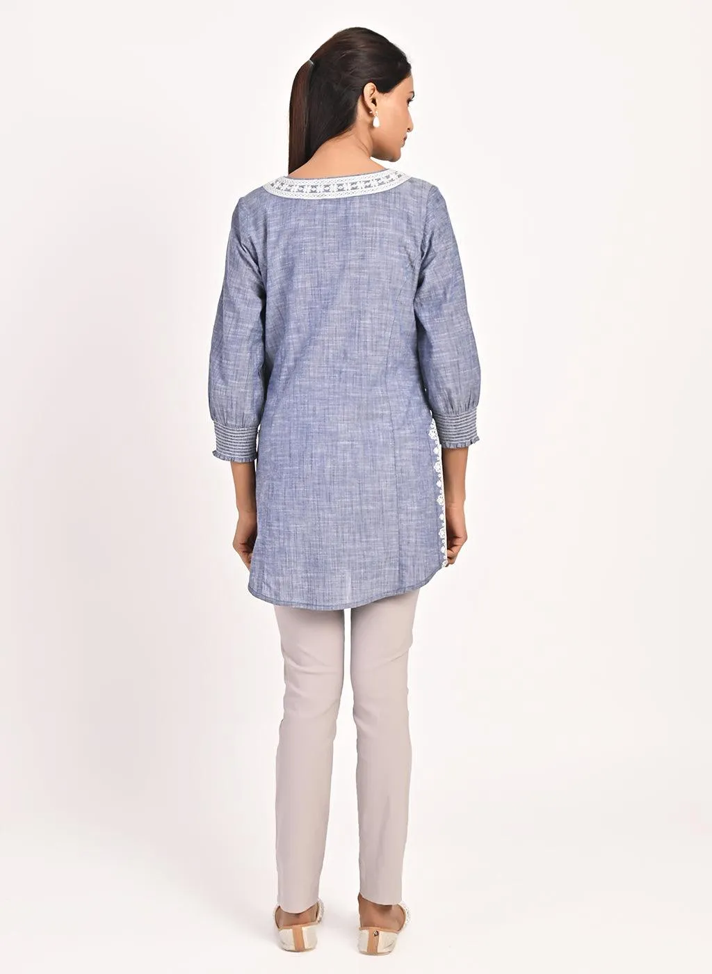 Navy Blue Round Neck Embroidered Tunic
