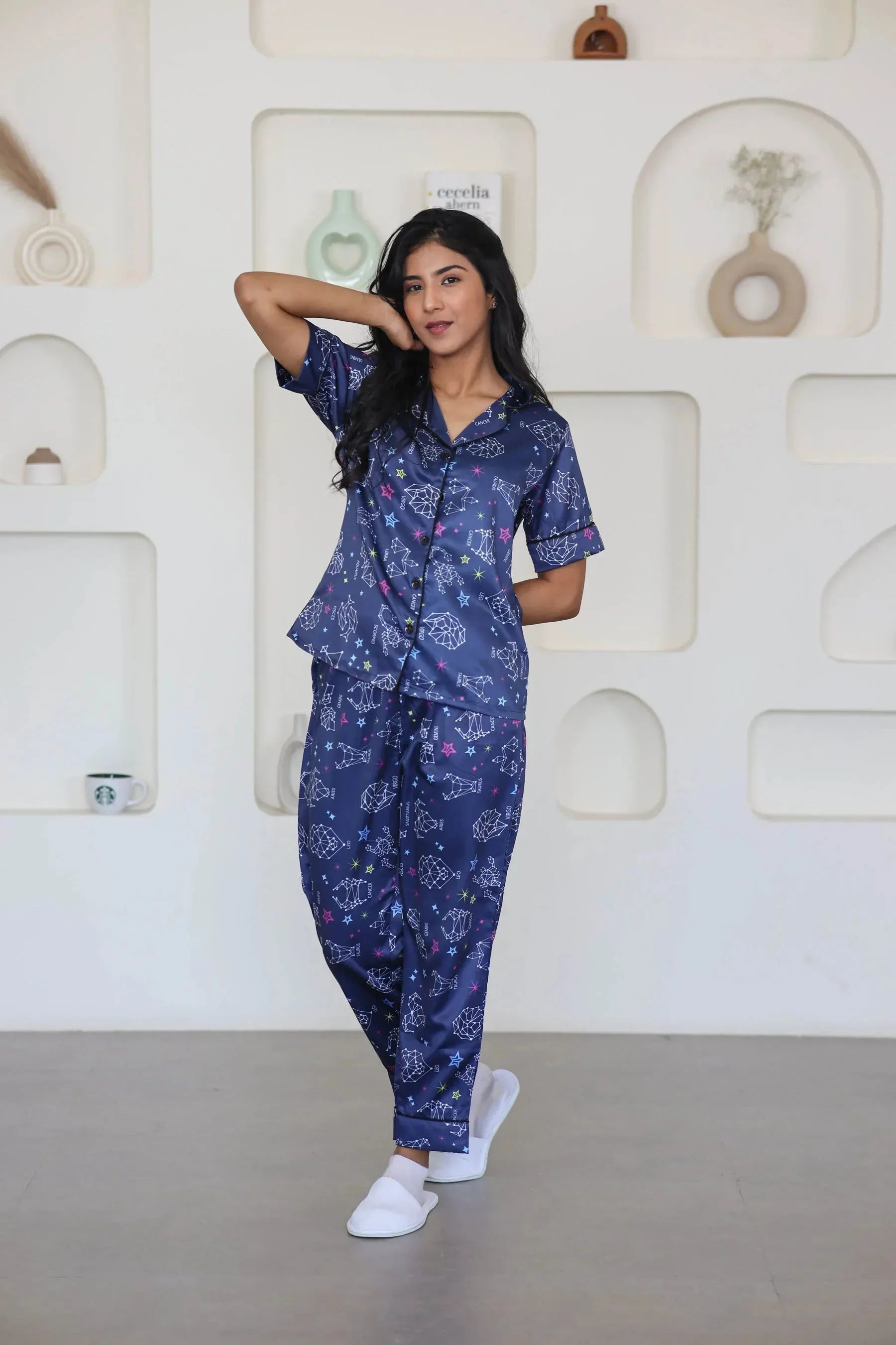 Night Wear Satin Teal Blue Color Horoscope Printed Night Suit