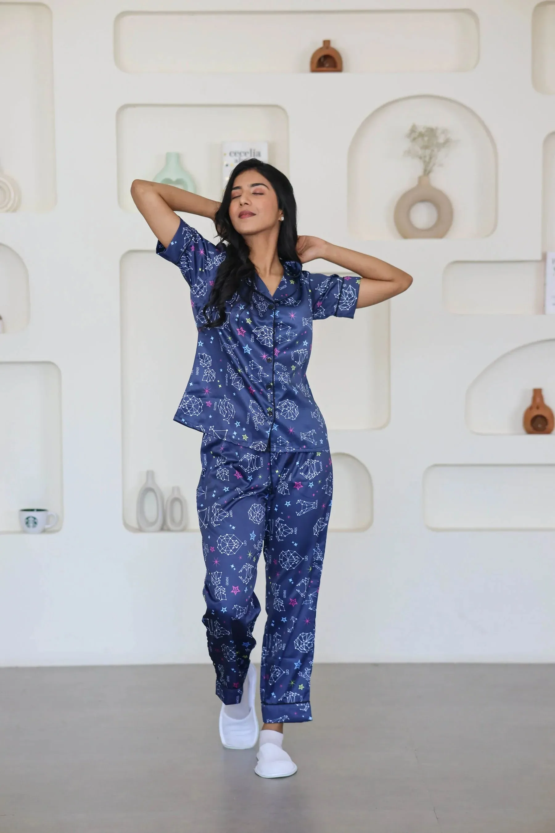 Night Wear Satin Teal Blue Color Horoscope Printed Night Suit