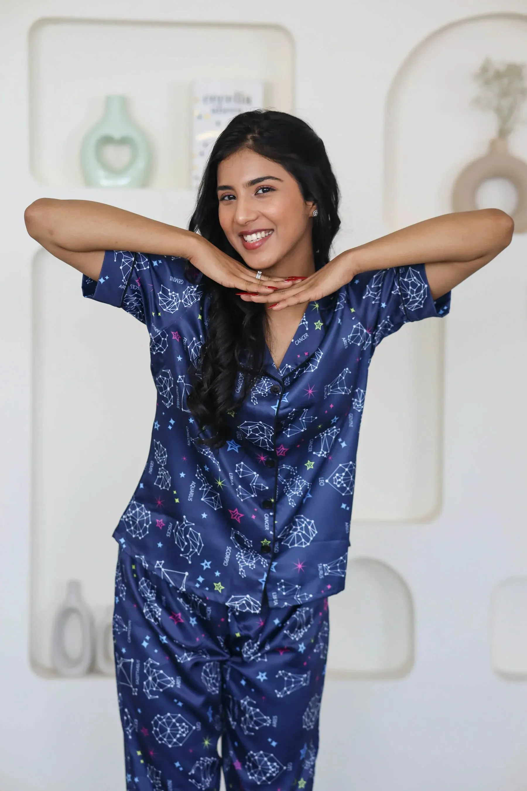 Night Wear Satin Teal Blue Color Horoscope Printed Night Suit