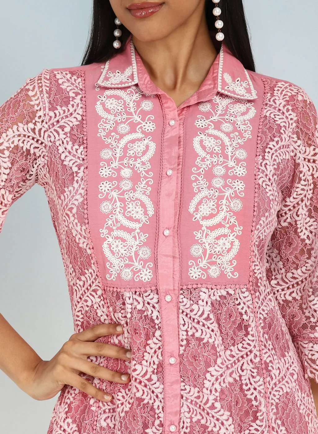 Peach Lace Collared Tunic for Women