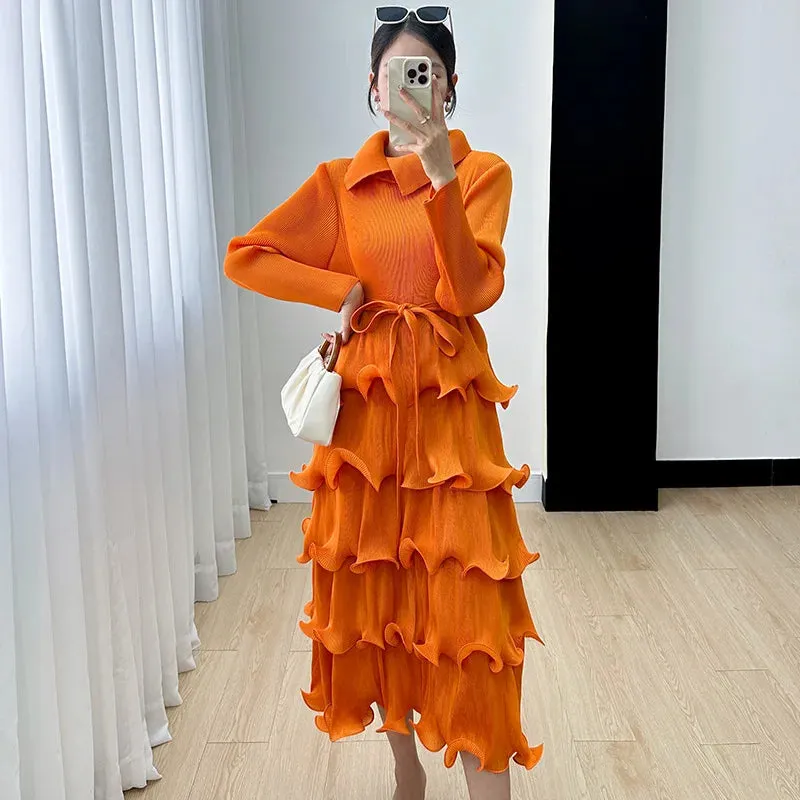 Pleated Wood Ear Edge Maix Dress for Women's w Vintage Cake Skirt Spliced Lapel Mid Length Dress