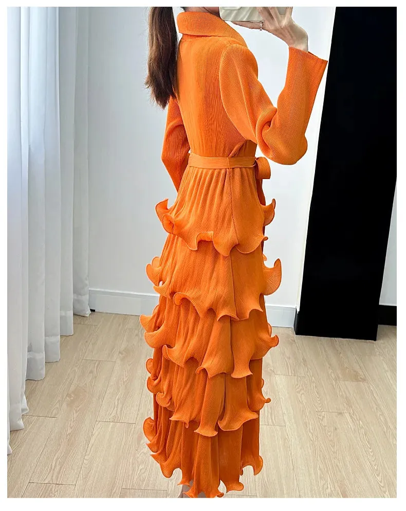 Pleated Wood Ear Edge Maix Dress for Women's w Vintage Cake Skirt Spliced Lapel Mid Length Dress