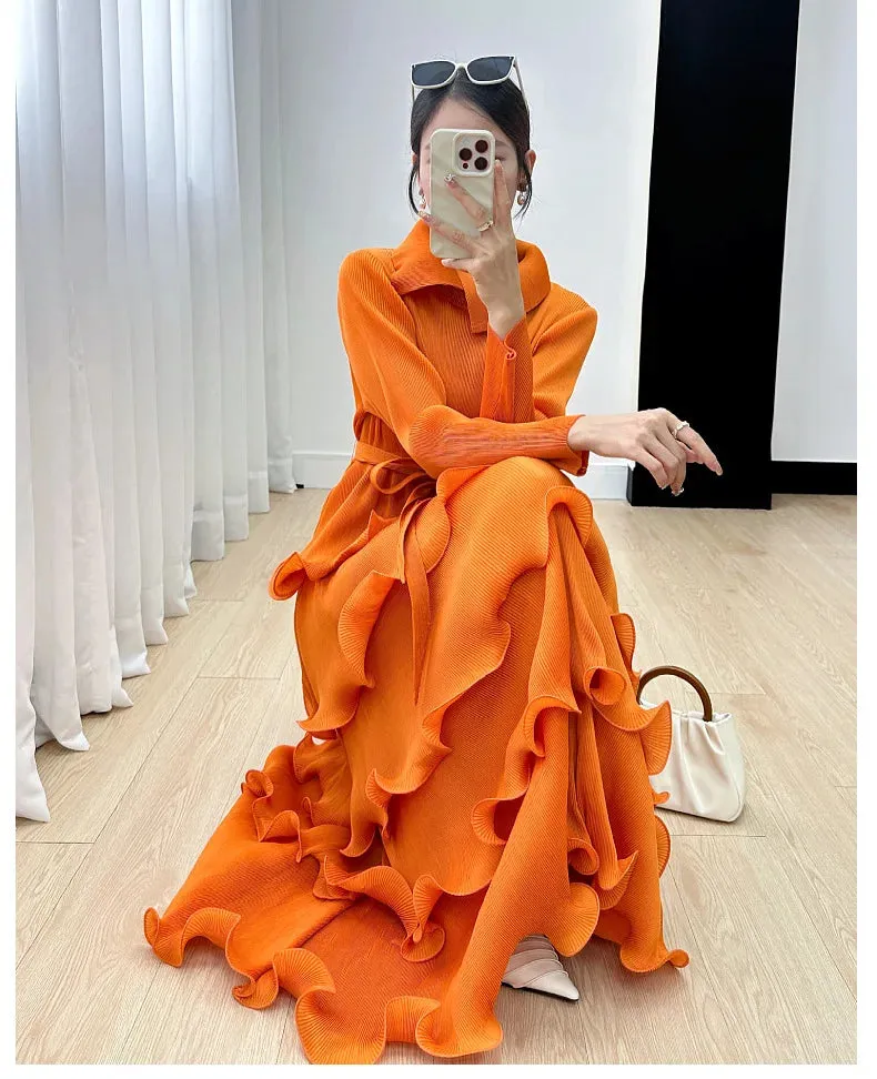 Pleated Wood Ear Edge Maix Dress for Women's w Vintage Cake Skirt Spliced Lapel Mid Length Dress