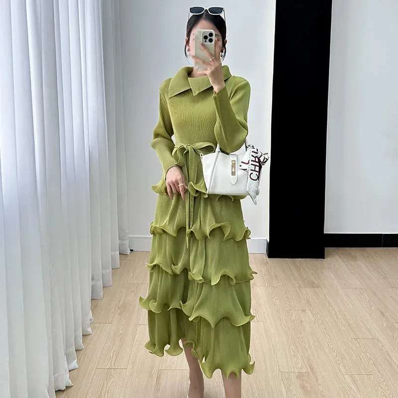 Pleated Wood Ear Edge Maix Dress for Women's w Vintage Cake Skirt Spliced Lapel Mid Length Dress