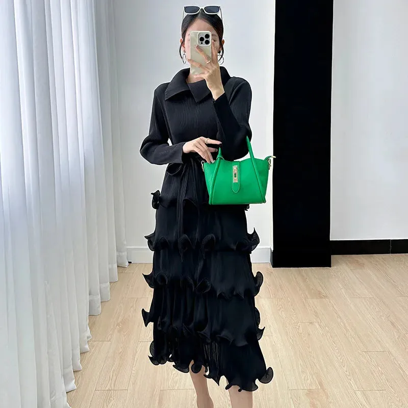 Pleated Wood Ear Edge Maix Dress for Women's w Vintage Cake Skirt Spliced Lapel Mid Length Dress