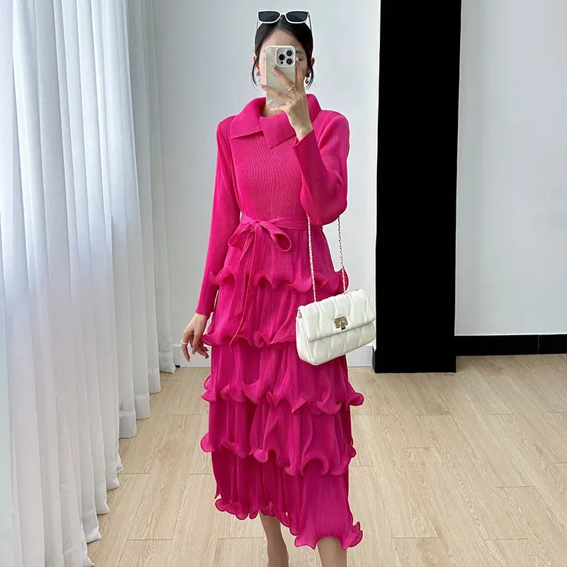 Pleated Wood Ear Edge Maix Dress for Women's w Vintage Cake Skirt Spliced Lapel Mid Length Dress