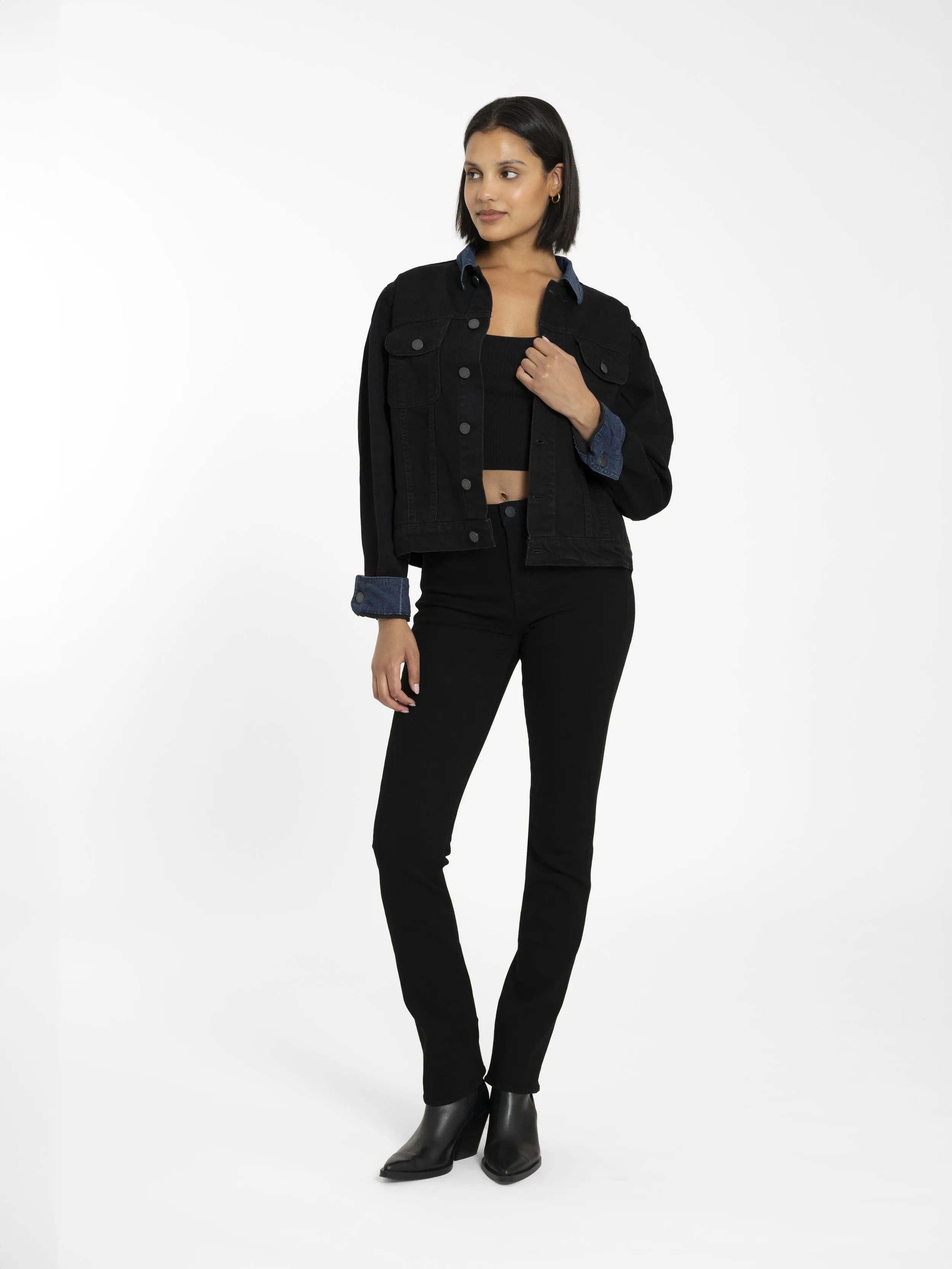 Puffer Jacket w/Denim Collar in Black Indigo