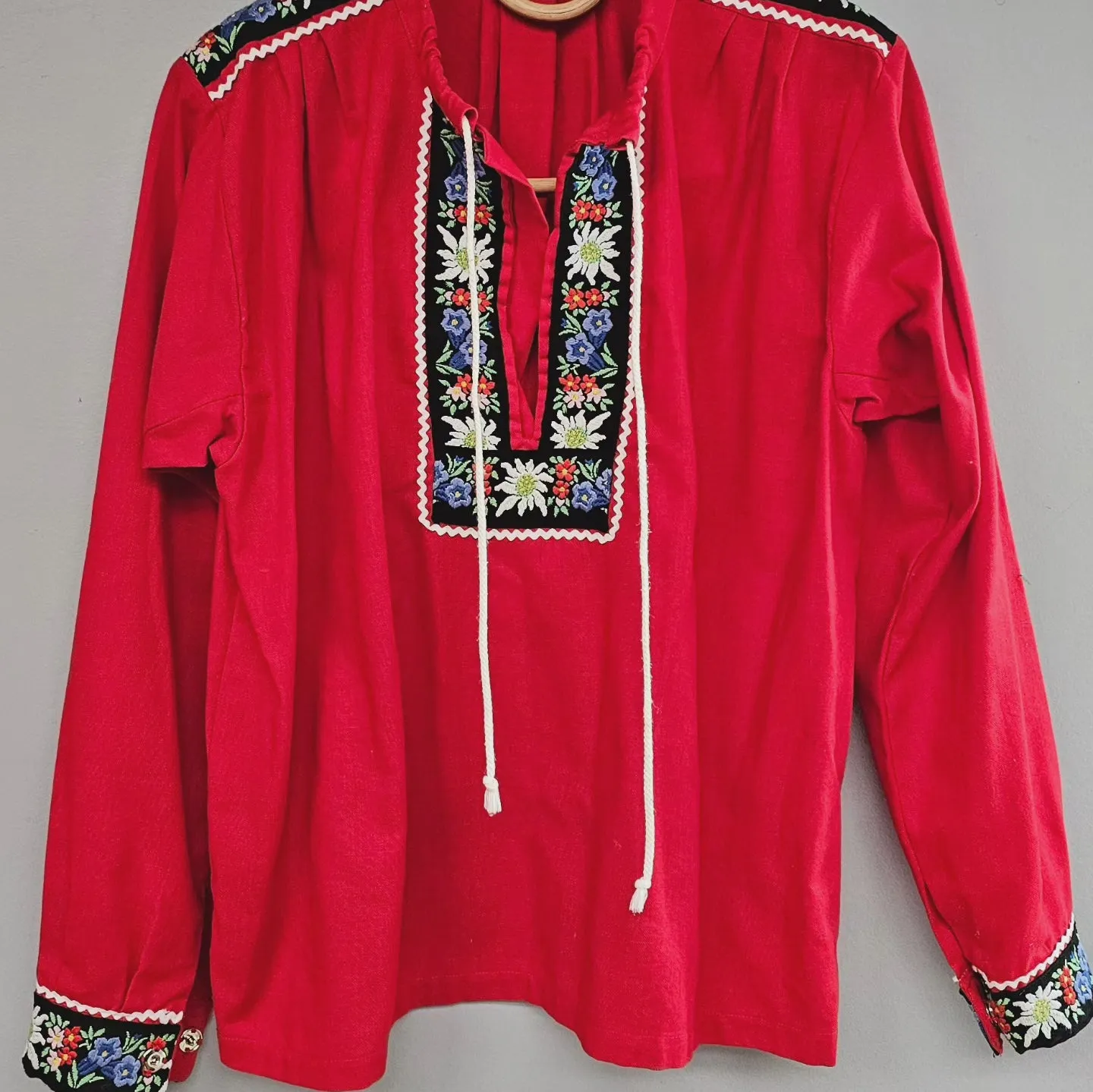 "Swiss Elegance: Red Embroidered Folk Gypsy Blouse" S/M