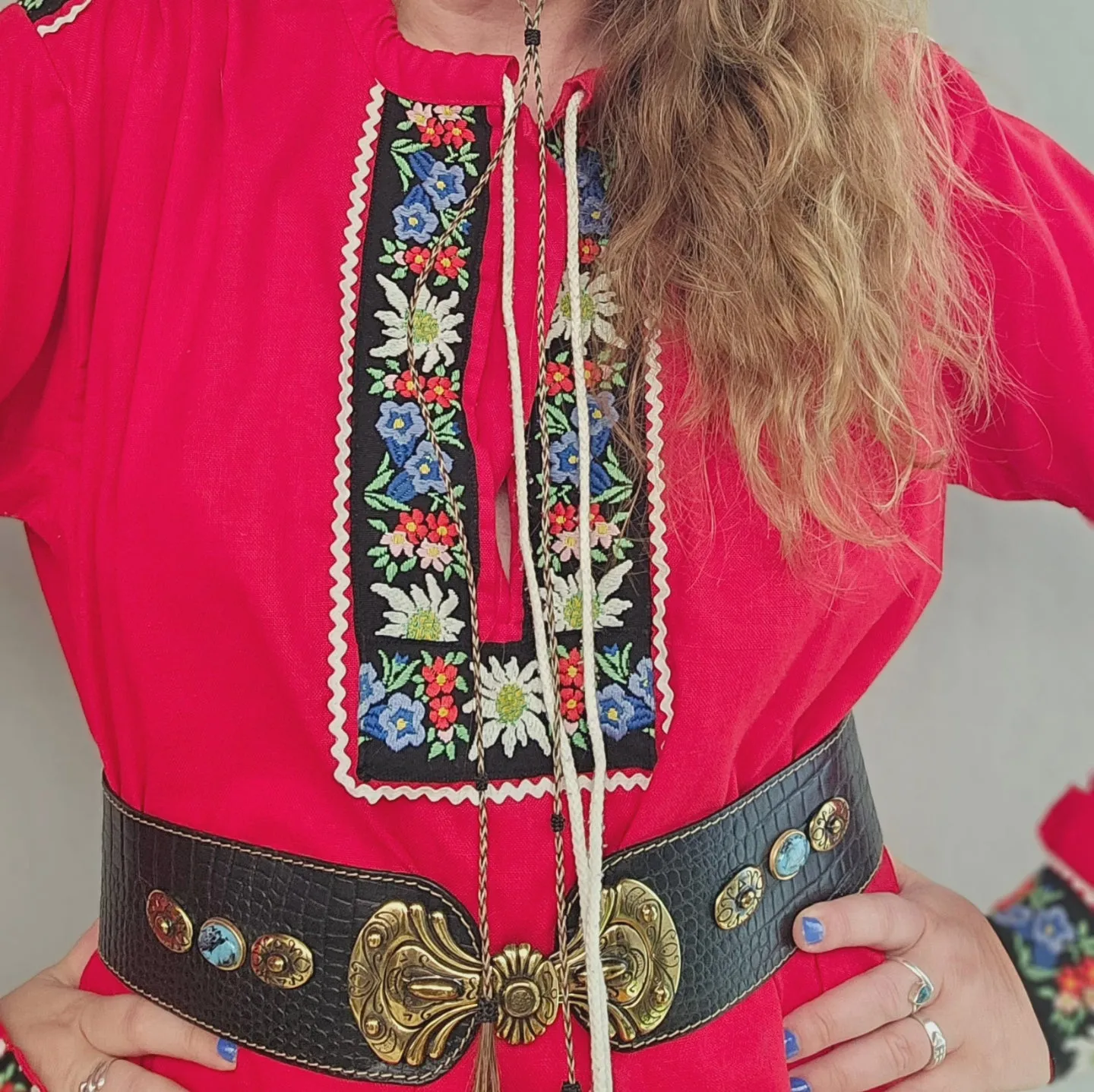 "Swiss Elegance: Red Embroidered Folk Gypsy Blouse" S/M