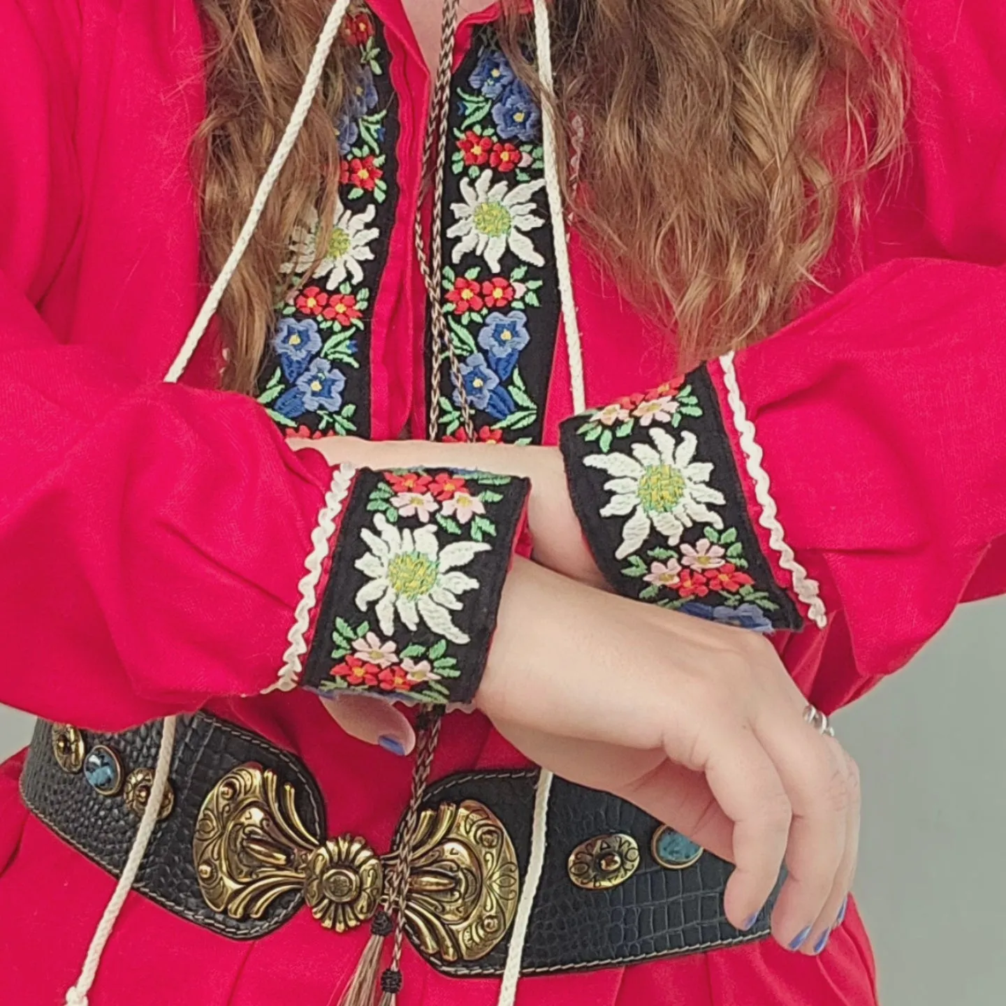 "Swiss Elegance: Red Embroidered Folk Gypsy Blouse" S/M