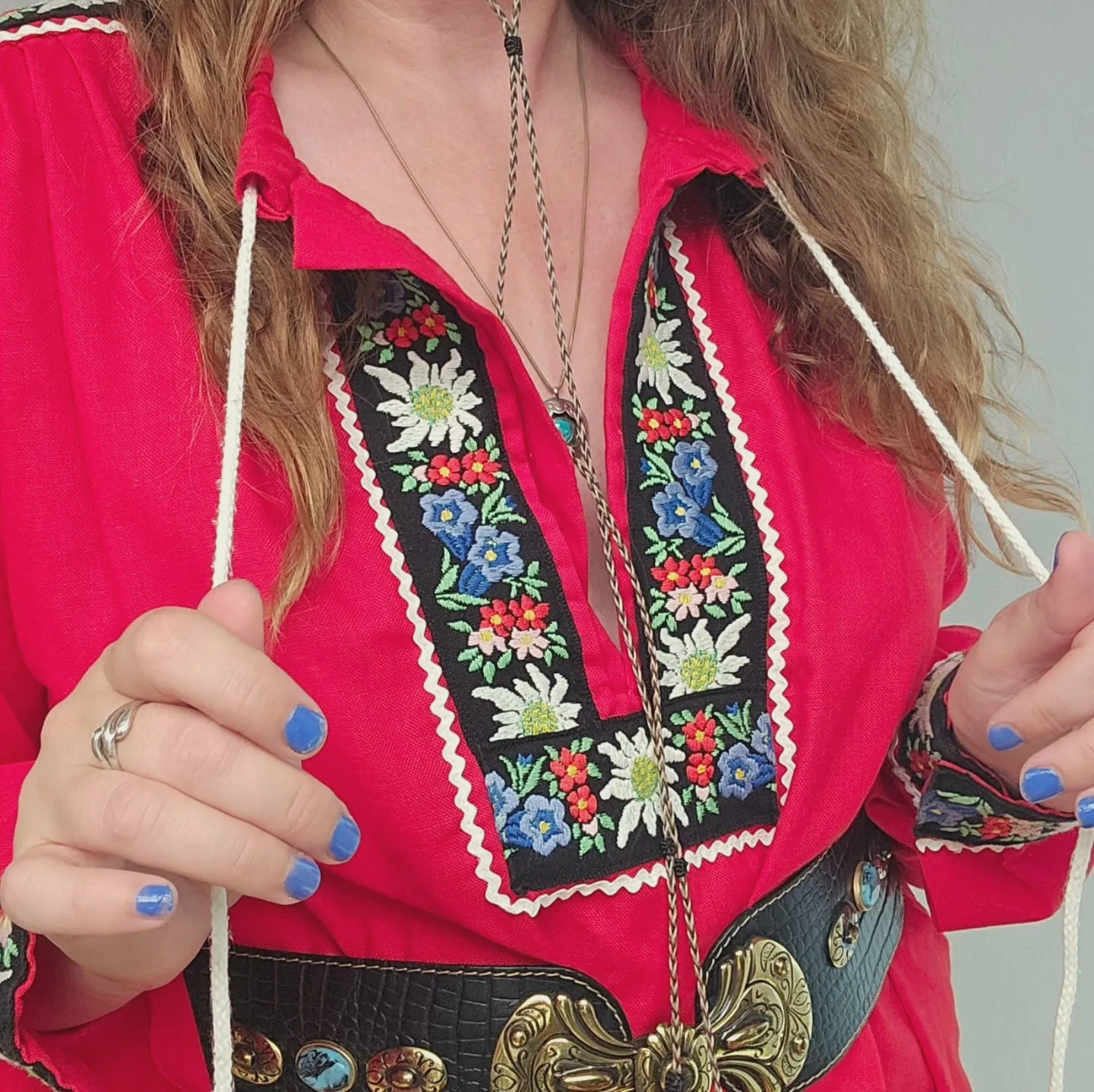 "Swiss Elegance: Red Embroidered Folk Gypsy Blouse" S/M