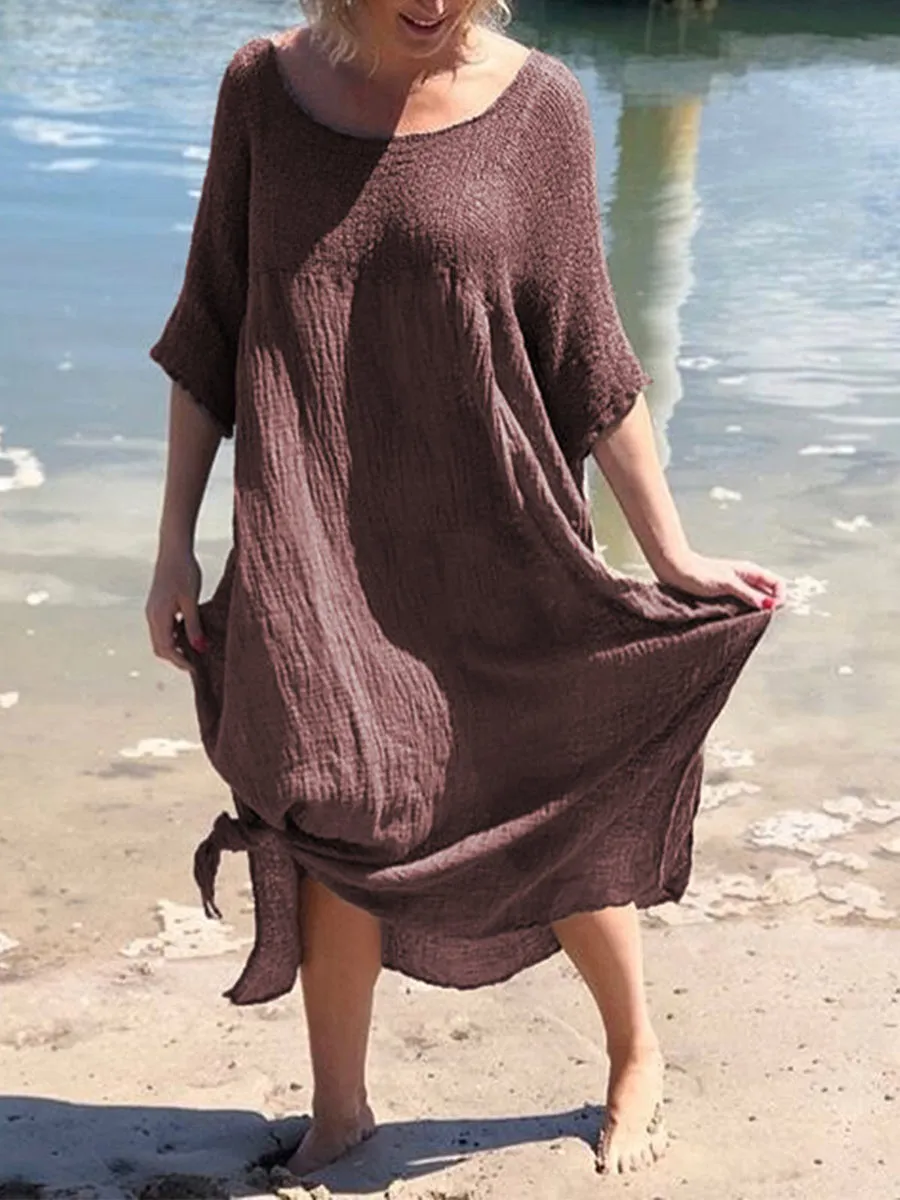 Round Neck Solid Short Sleeve Linen Dresses