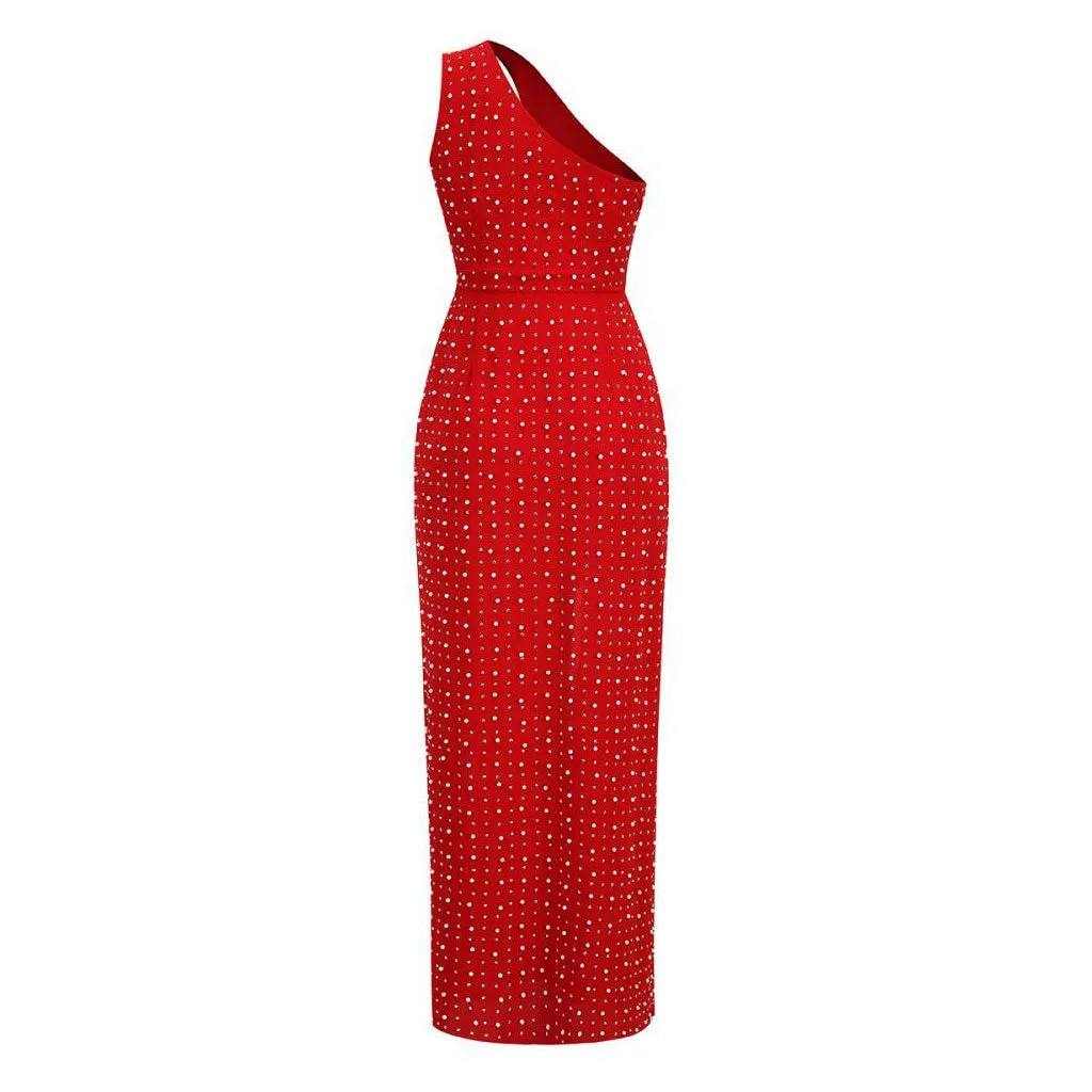 Sexy Crystal Faux Pearl Beaded Split CutOut One Shoulder Maxi Evening Dress