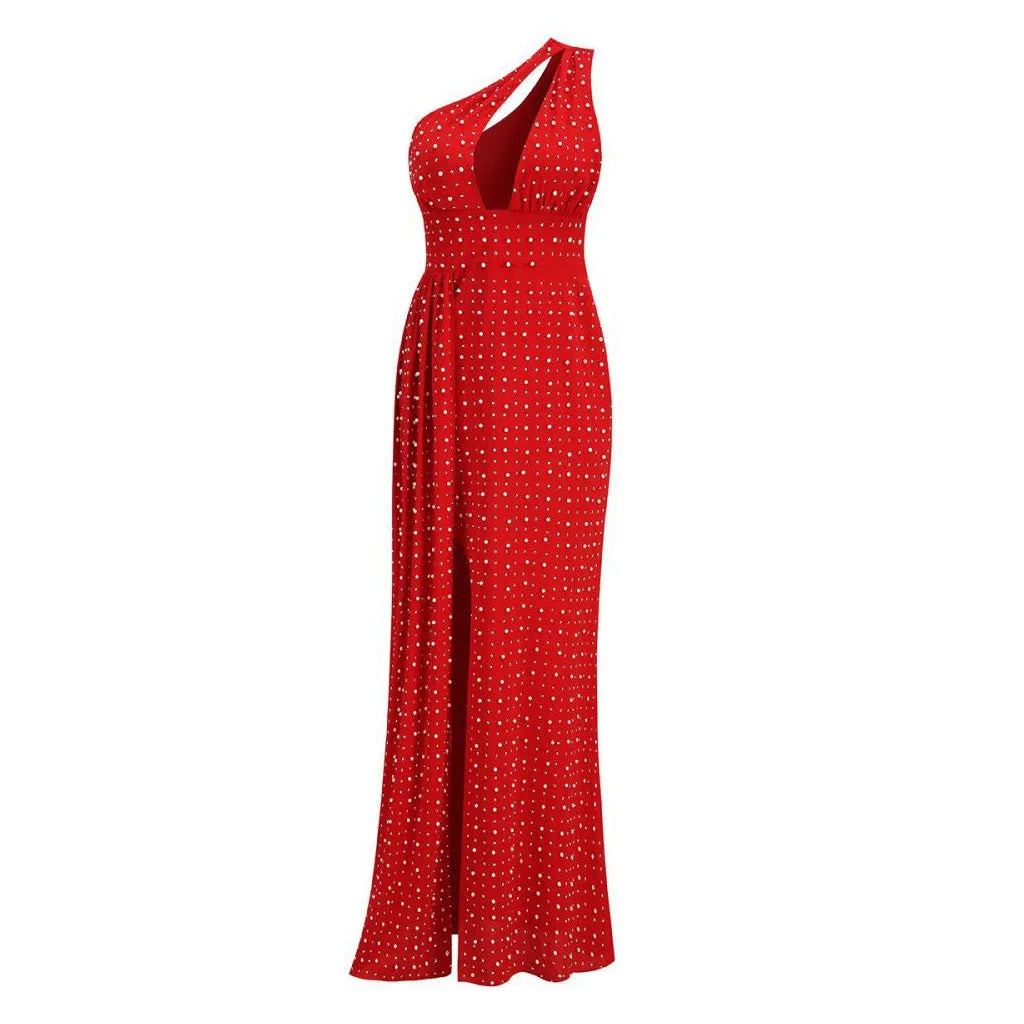 Sexy Crystal Faux Pearl Beaded Split CutOut One Shoulder Maxi Evening Dress