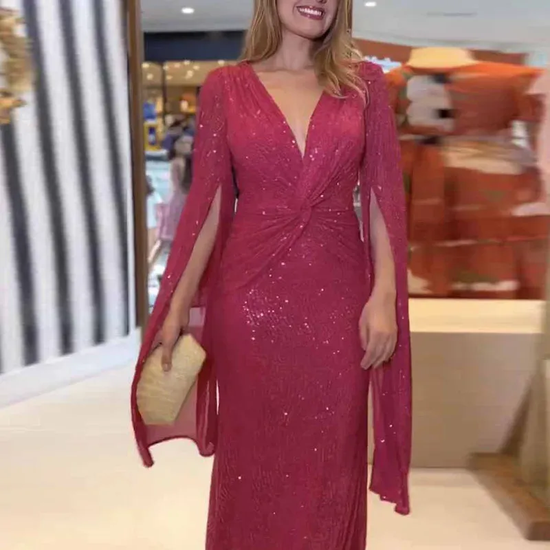 UAKISS  -  New Women Fashion Party Dress, Spring Summer Loungewear V-Neck Folds Ladies Maxi Dress, Sequins Elegant Holiday Dress Streetwear