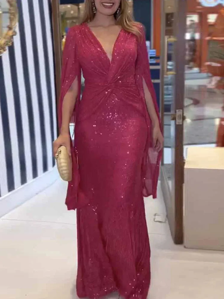 UAKISS  -  New Women Fashion Party Dress, Spring Summer Loungewear V-Neck Folds Ladies Maxi Dress, Sequins Elegant Holiday Dress Streetwear