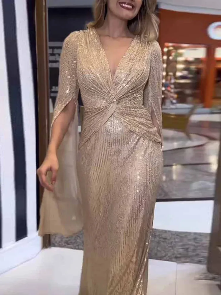 UAKISS  -  New Women Fashion Party Dress, Spring Summer Loungewear V-Neck Folds Ladies Maxi Dress, Sequins Elegant Holiday Dress Streetwear