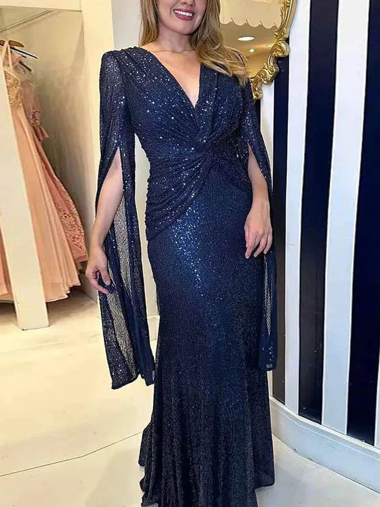 UAKISS  -  New Women Fashion Party Dress, Spring Summer Loungewear V-Neck Folds Ladies Maxi Dress, Sequins Elegant Holiday Dress Streetwear