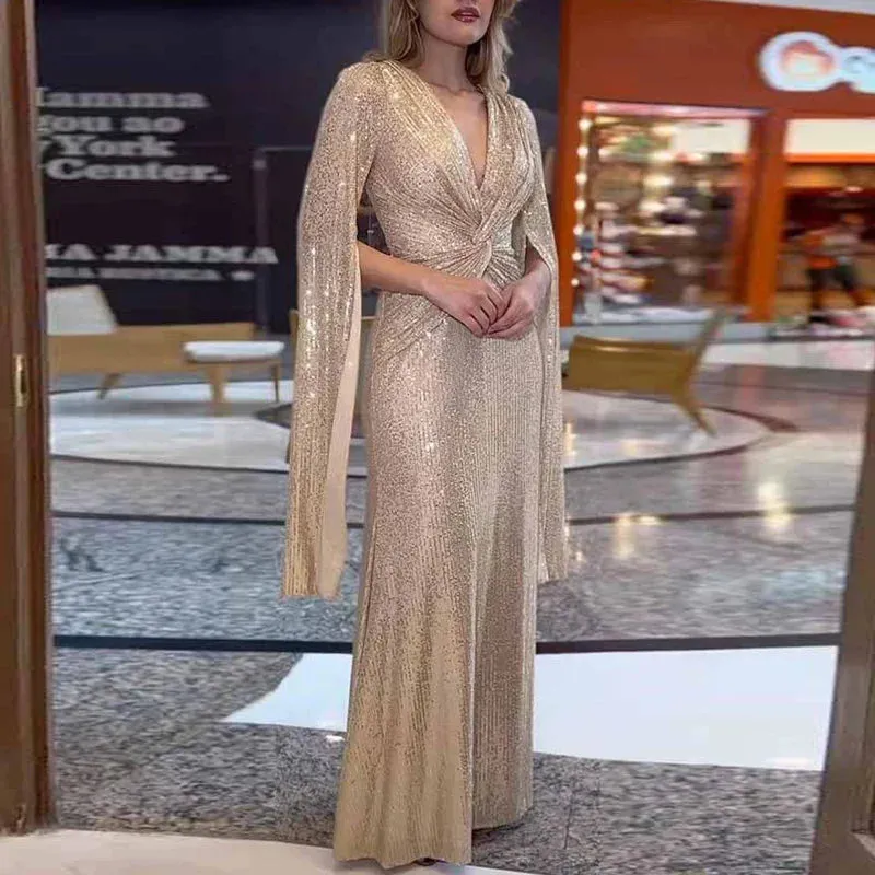 UAKISS  -  New Women Fashion Party Dress, Spring Summer Loungewear V-Neck Folds Ladies Maxi Dress, Sequins Elegant Holiday Dress Streetwear