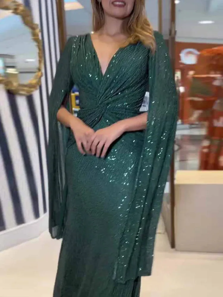 UAKISS  -  New Women Fashion Party Dress, Spring Summer Loungewear V-Neck Folds Ladies Maxi Dress, Sequins Elegant Holiday Dress Streetwear