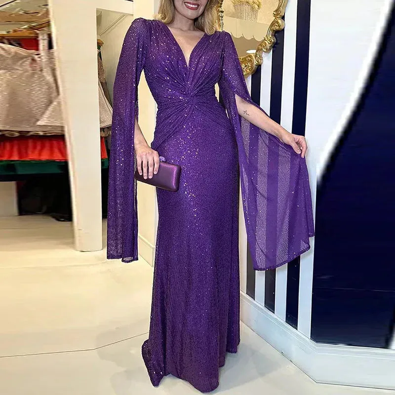 UAKISS  -  New Women Fashion Party Dress, Spring Summer Loungewear V-Neck Folds Ladies Maxi Dress, Sequins Elegant Holiday Dress Streetwear