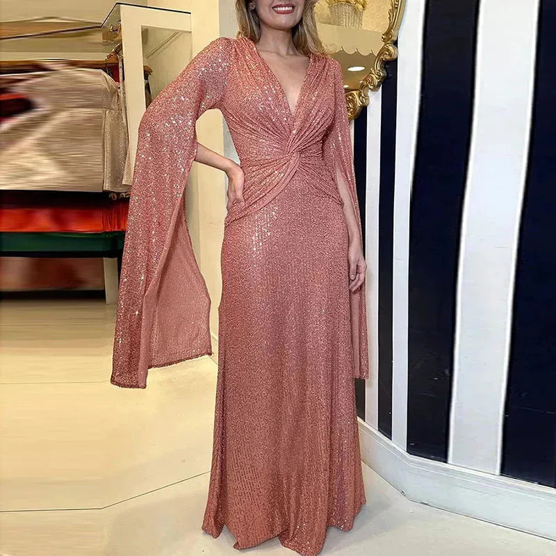 UAKISS  -  New Women Fashion Party Dress, Spring Summer Loungewear V-Neck Folds Ladies Maxi Dress, Sequins Elegant Holiday Dress Streetwear