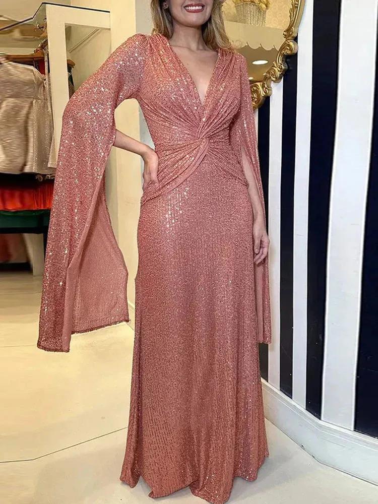 UAKISS  -  New Women Fashion Party Dress, Spring Summer Loungewear V-Neck Folds Ladies Maxi Dress, Sequins Elegant Holiday Dress Streetwear