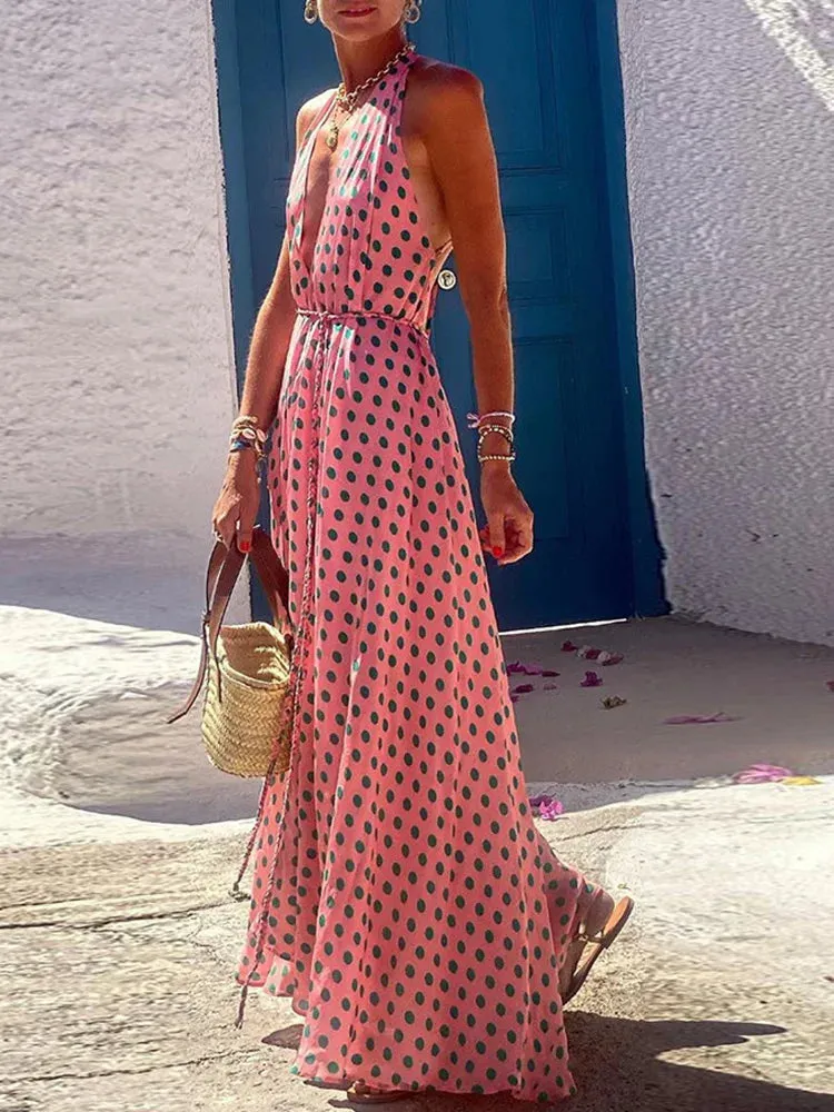 UAKISS  -  Summer Women Sexy Loungewear Party Dress Printing Sleeveless Halter Loose Backless Ladies Maxi Dress Holiday Streetwear Vestidos