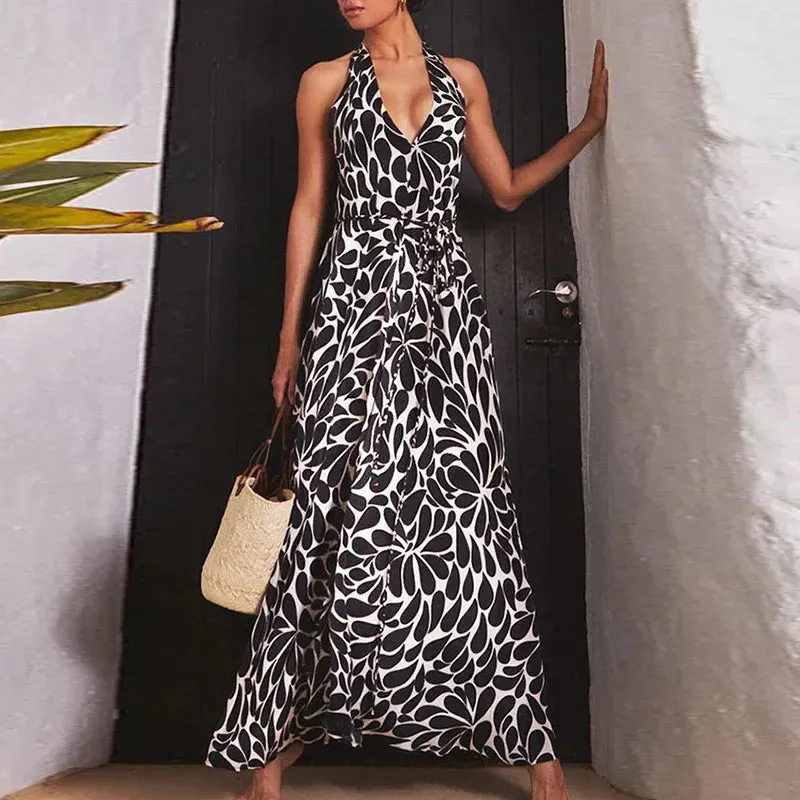 UAKISS  -  Summer Women Sexy Loungewear Party Dress Printing Sleeveless Halter Loose Backless Ladies Maxi Dress Holiday Streetwear Vestidos
