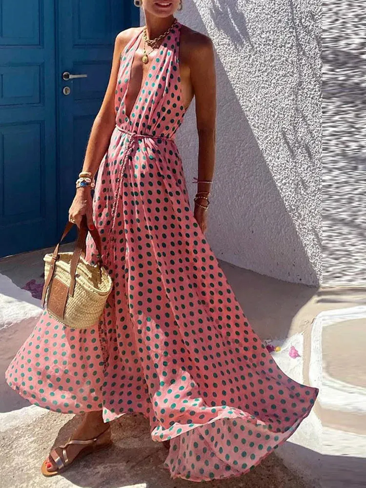 UAKISS  -  Summer Women Sexy Loungewear Party Dress Printing Sleeveless Halter Loose Backless Ladies Maxi Dress Holiday Streetwear Vestidos