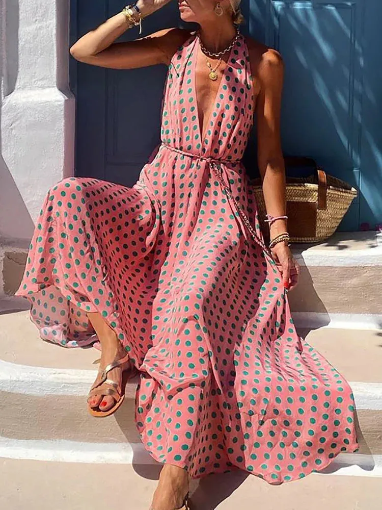 UAKISS  -  Summer Women Sexy Loungewear Party Dress Printing Sleeveless Halter Loose Backless Ladies Maxi Dress Holiday Streetwear Vestidos