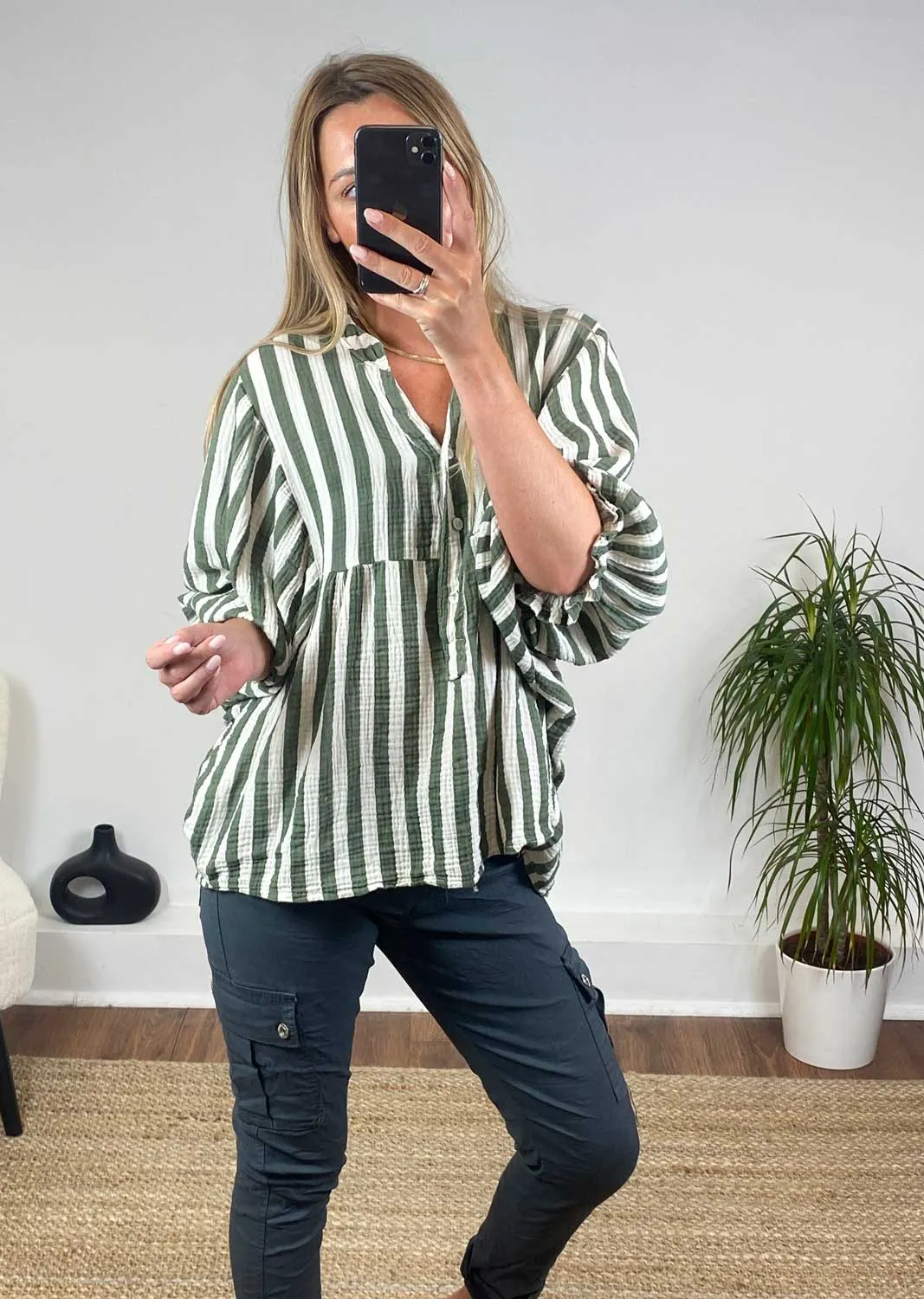 Vintage Stripe Cheesecloth Tunic in Khaki